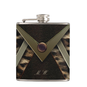 Elegant Black and Gold Monogram Leopard Flask
