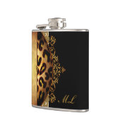 Elegant Black and Gold Monogram Leopard Hip Flask (Left)