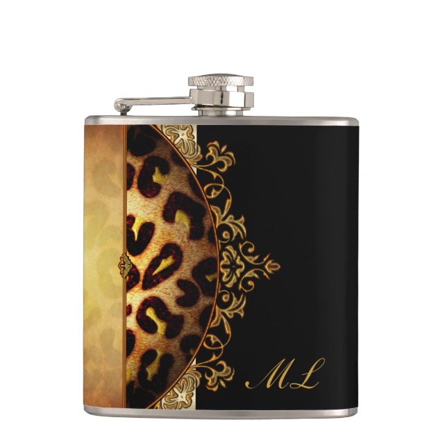 Elegant Black and Gold Monogram Leopard Hip Flask (Front)