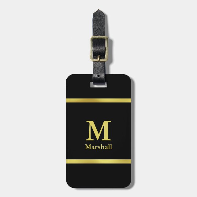 Elegant Black and Gold Monogram Luggage Tag (Front Vertical)