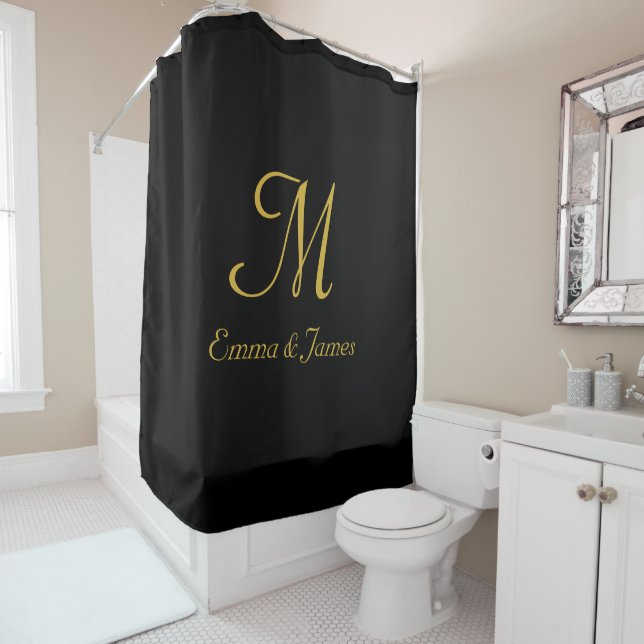 Elegant  Black and Gold Monogram Name Custom  Shower Curtain (In Situ)