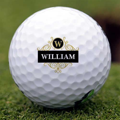 Elegant Black and Gold Monogram Name Initial Golf Balls
