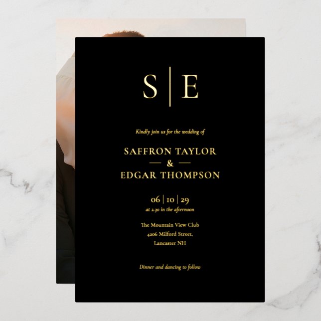 Elegant Black And Gold Monogram Photo Wedding Foil Invitation (Front/Back)