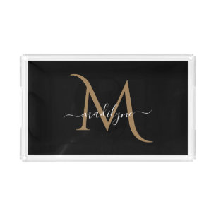 Elegant Black and Gold Monogram Script Name      Acrylic Tray