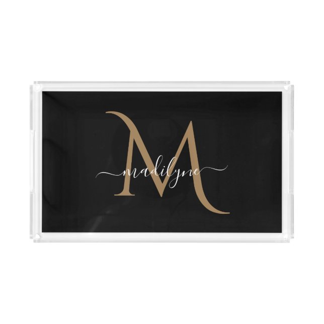 Elegant Black and Gold Monogram Script Name      Acrylic Tray (Front)
