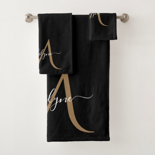 Elegant Black and Gold Monogram Script Name   Bath Towel Set