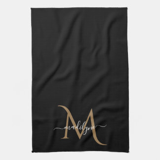 Elegant Black and Gold Monogram Script Name Kit Kitchen Towel