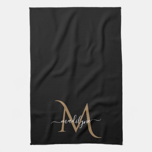 Elegant Black and Gold Monogram Script Name    Kit Kitchen Towel