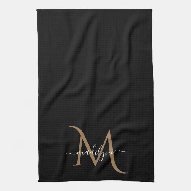 Elegant Black and Gold Monogram Script Name    Kit Kitchen Towel (Vertical)