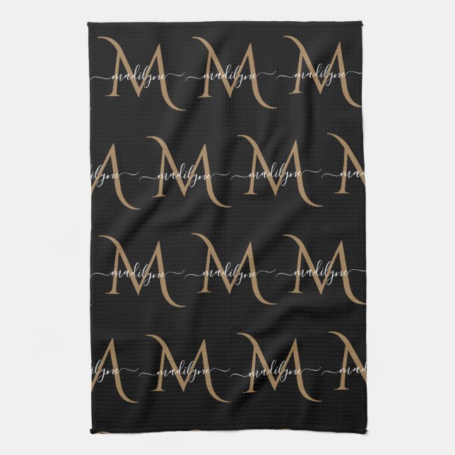 Elegant Black and Gold Monogram Script Name  Kitchen Towel (Vertical)