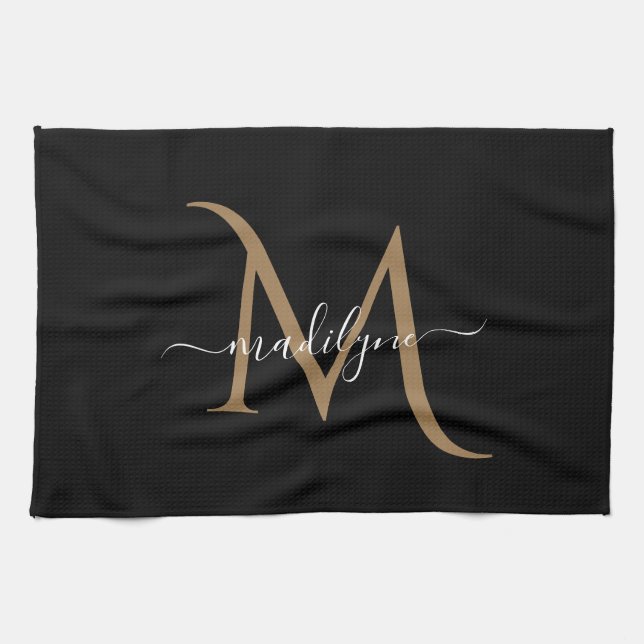 Elegant Black and Gold Monogram Script Name    Kitchen Towel (Horizontal)