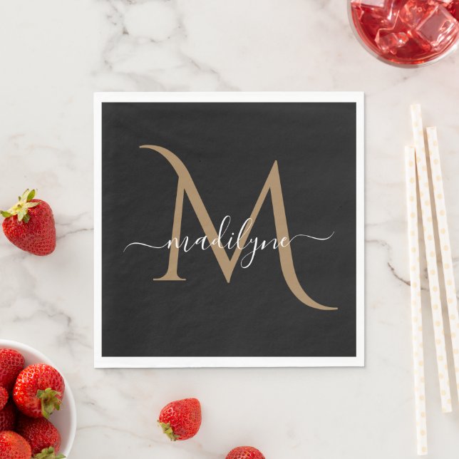Elegant Black and Gold Monogram Script Name   Napk Napkins (Insitu)
