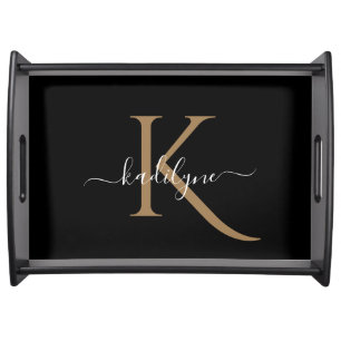 Elegant Black and Gold Monogram Script Name     Serving Tray