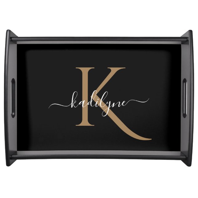 Elegant Black and Gold Monogram Script Name     Serving Tray (Front)