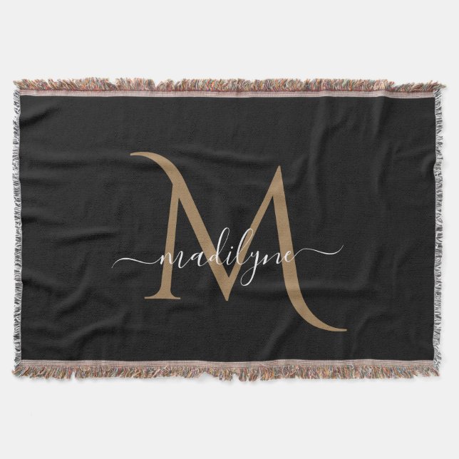 Elegant Black and Gold Monogram Script Name     Throw Blanket (Front)