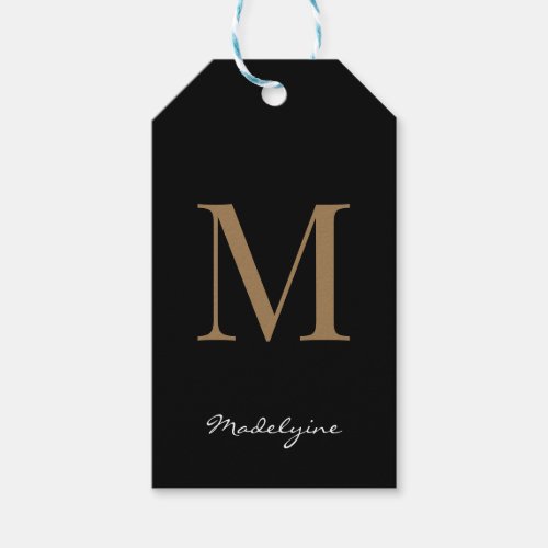 Elegant Black and gold Monogram Script Simple name Gift Tags