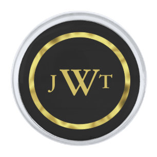 Elegant Black and Gold Monogram Silver Finish Lapel Pin