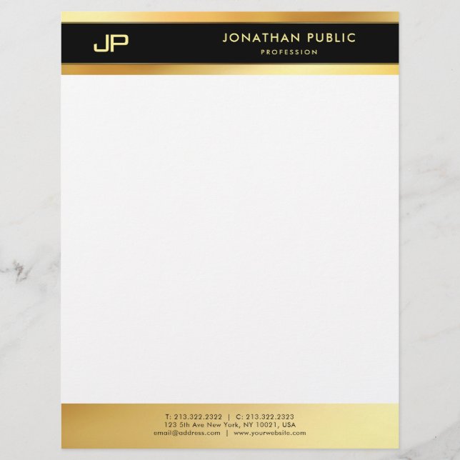Elegant Black And Gold Monogram Simple Template Letterhead (Front)