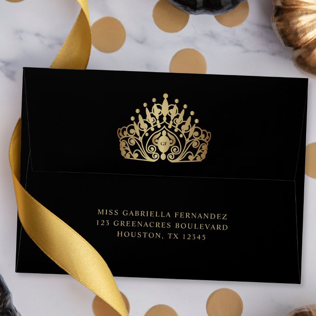 Elegant Black and Gold Monogram Tiara Crown  Envelope (Creator Uploaded)