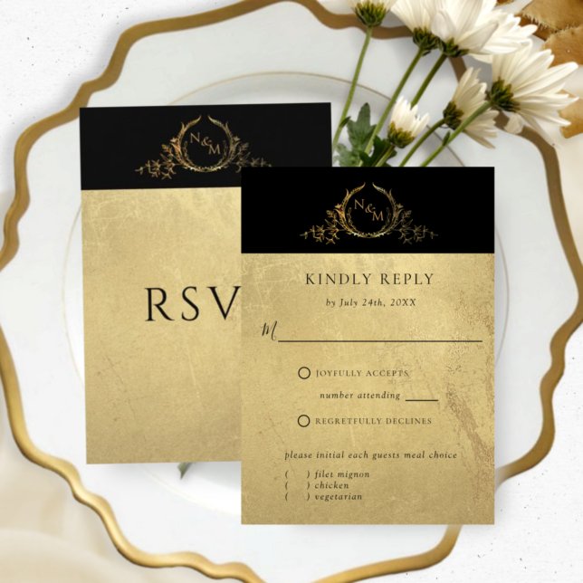 Elegant Black and Gold Monogram w/without meals RSVP Card (Creator Uploaded)