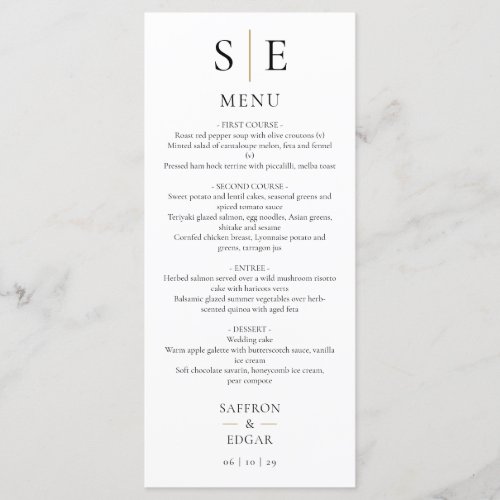 Elegant Black And Gold Monogram Wedding Dinner Menu