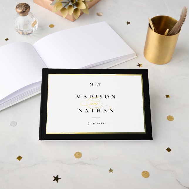 Elegant Black and Gold Monogram Wedding Foil Guest Book (Front Open)