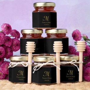 Elegant Black and Gold Monogram Wedding Party Honey Jar Favors