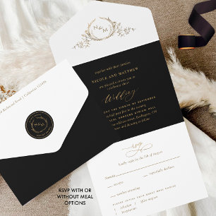 Elegant Black and Gold Monogram Wedding with RSVP  All In One Invitation