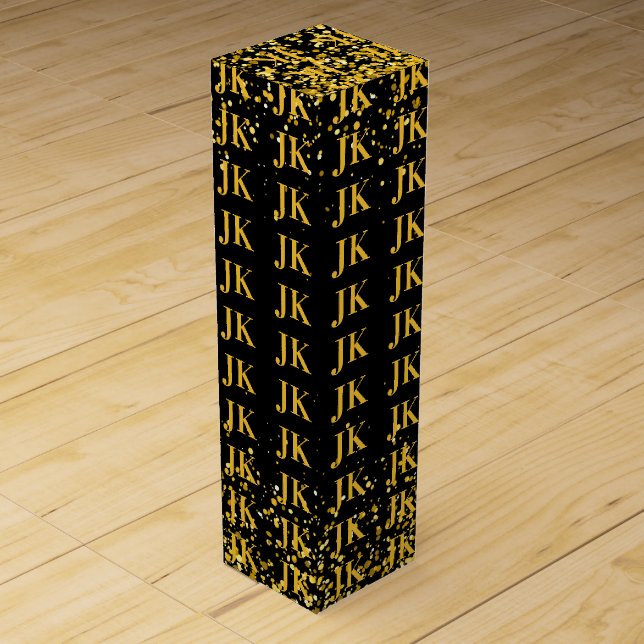 Elegant Black and Gold Monogram Wine Box (Front)