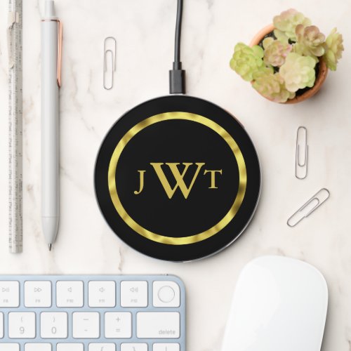 Elegant Black and Gold Monogram Wireless Charger