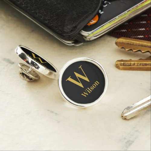 Elegant Black and Gold Monogram with Name Lapel Pin
