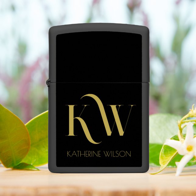 Elegant Black and Gold Monogram Zippo Lighter (On Table)