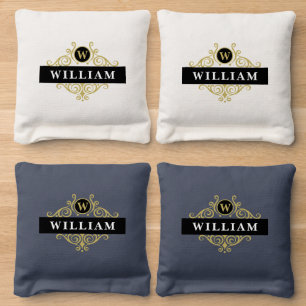 Elegant Black and Gold Monogrammed Cornhole Bags