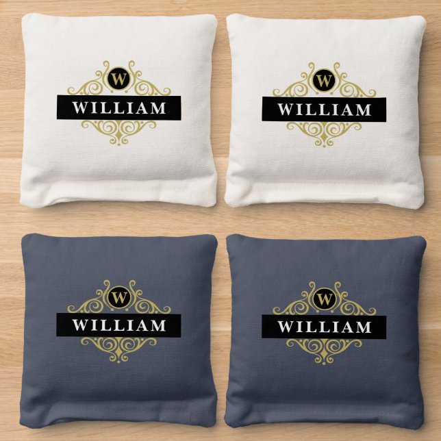 Elegant Black and Gold Monogrammed Cornhole Bags (Wood)