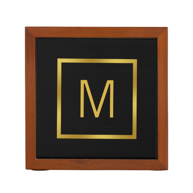 Elegant Black and Gold Monogrammed Desk Organizer (Front)