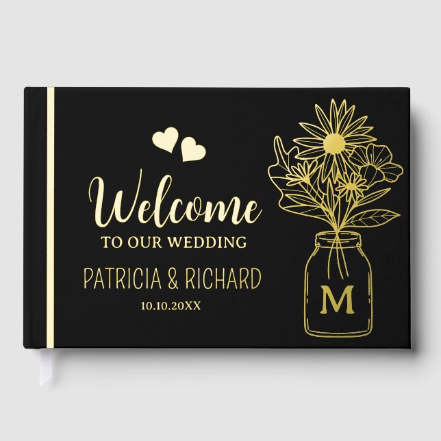 Elegant Black And Gold Monogrammed Wedding Foil Guest Book (Front)