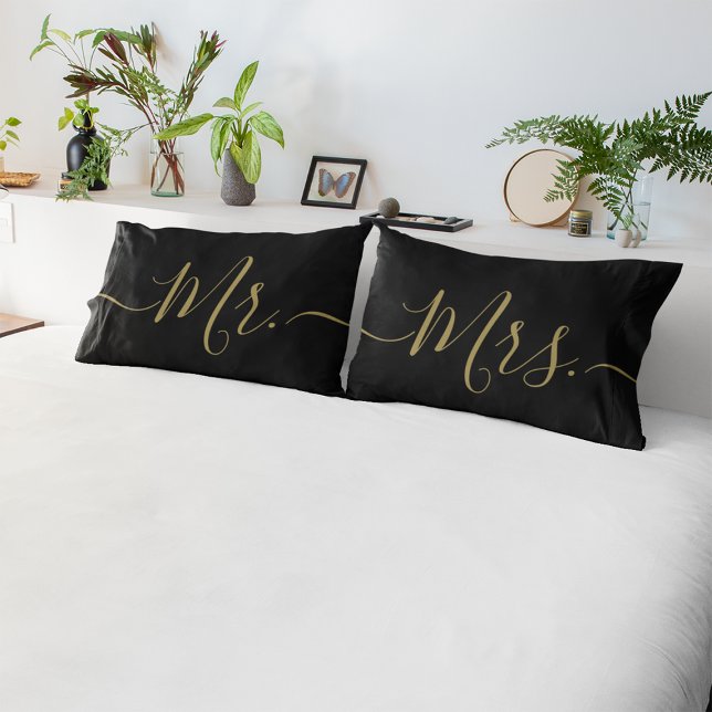 Elegant Black and Gold Mr. Mrs. Script Newlywed Pillow Case (Mr. and Mrs. black gold elegant script newlywed pillow cases.)