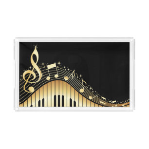 Elegant Black And Gold Music Notes Design Acrylic Tray