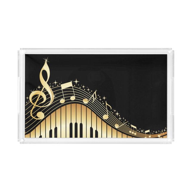 Elegant Black And Gold Music Notes Design Acrylic Tray (Front)