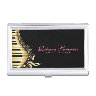 Elegant Black And Gold Music Notes Design Business Card Holder