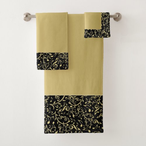 Elegant Black and Gold Music Notes Pattern Bath Towel Set