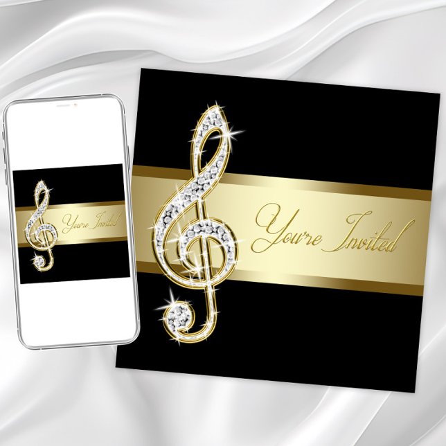 Elegant Black and Gold Music Treble Clef Invitation (Elegant any musical event invitation with beautiful diamond and gold treble clef. )