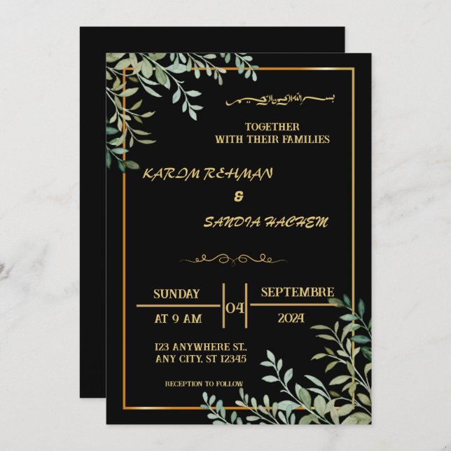 Elegant Black and gold Muslim Wedding Invitation (Front/Back)