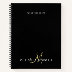 Elegant black and gold name monogram initial notebook