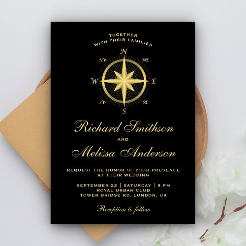 Elegant Black and Gold Nautical Compass Wedding Invitation