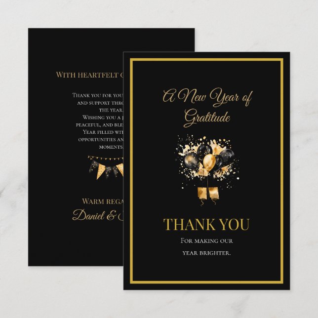 Elegant Black And Gold New Year Thank You Card (Front/Back)