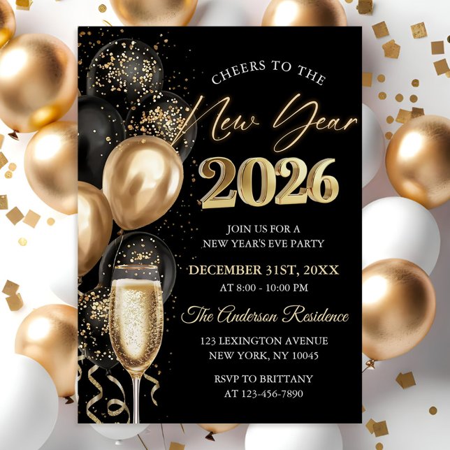 Elegant Black and Gold New Year's Eve Party Invitation (Creator Uploaded)