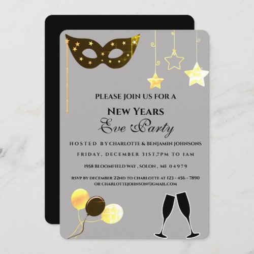 Elegant Black And Gold New Years Eve Party Invitation
