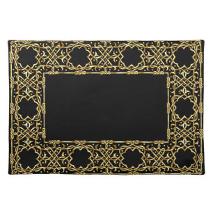 Elegant black and gold ornamental cloth placemat