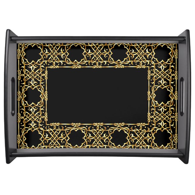 Elegant black and gold ornamental serving tray (Front)